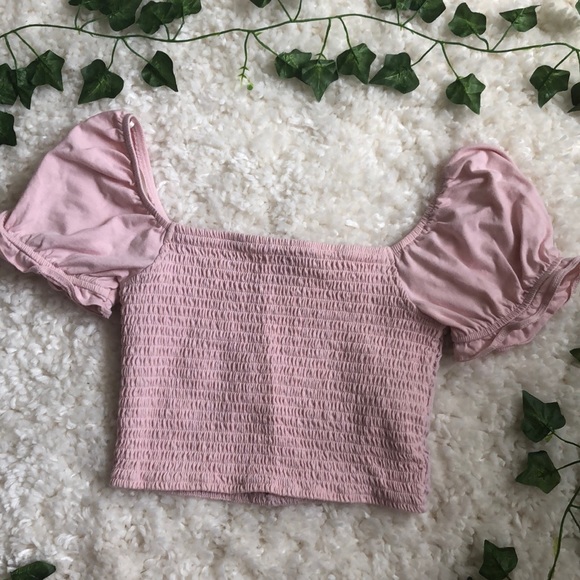 Forever 21 Pink Puffy Sleeve Shirred Crop Top - Picture 1 of 5